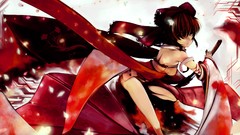 Weapons Katana red eyes red dress Swords bows brunettes 
