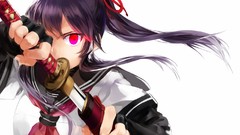 Weapons Katana red eyes Swords anime girls school uniforms 