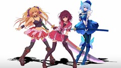 Weapons Katana red eyes Swords stockings blondes skirts blue 