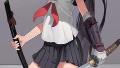 Weapons Katana red eyes Swords stockings skirts long hair 