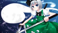 Weapons Katana Ribbons anime girls blue eyes short hair konpaku 