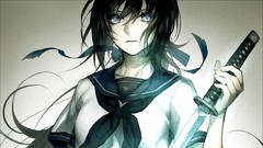 Weapons Katana Ribbons faces Swords schoolgirls long hair anime 