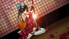 Weapons Katana Ribbons Swords long hair anime girls brunettes 