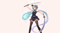 Weapons Katana Ribbons Swords skirts anime girls green eyes 