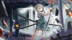 Weapons Katana Swords skirts anime girls green eyes short hair 