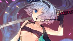 Weapons Katana Swords tattoos blue eyes bandages short hair 