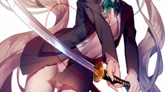 Weapons Katana white background navel red eyes schoolgirls bows 