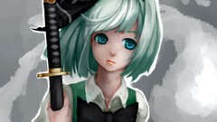 Weapons Katana white hair faces Swords bows anime girls blue 