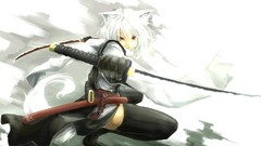 Weapons Katana white hair red eyes gloves Swords anime girls 
