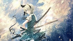 Weapons Katana white hair Swords blue eyes short hair flower 