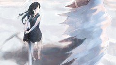 Weapons long hair barefoot blue eyes scythe black hair