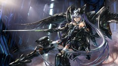 Weapons mechanical Swords blue hair long hair anime girls green 