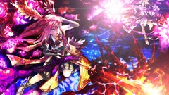 Weapons multicolor pink hair long hair anime girls blue eyes 