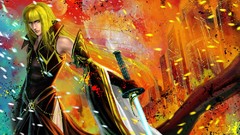 Weapons paintings Bridges blondes cities digital art fantasy 