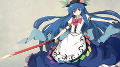 Weapons peach dress hats red eyes Swords fruits bows blue hair 