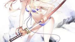 Weapons red eyes Ribbons Swords blondes long hair anime girls 