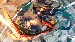 Weapons red eyes Swords skirts long hair anime girls brunettes 