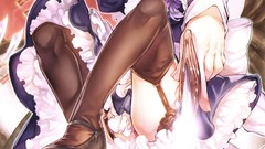 Weapons Shoes dress Knives white hair red eyes bows stockings 