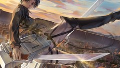 Weapons Swords green eyes short hair black hair shingeki no 