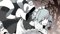 Weapons teeth dress grin Knives red eyes bows anime girls maids 