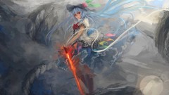 Weapons tie hats red eyes Swords shirts skirts blue hair long 
