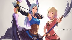 Weapons white background red eyes blondes spears skirts blue 