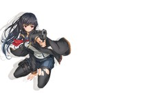 Weapons white background red eyes pistols skirts shadows long 
