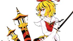 Weapons white background red eyes Ribbons lanterns blondes 