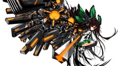 Weapons white background red eyes skirts smiling long hair 