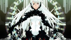 Weapons white hair red eyes long hair anime girls bodysuits 