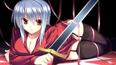 Weapons white hair red eyes Ribbons Swords long hair anime 