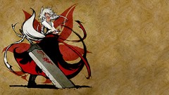 Weapons white hair red eyes Swords tattoos bandages short hair 