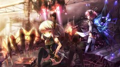 Weapons wings apocalyptic Swords blondes pink hair anime girls 