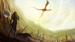 Weapons wings Dragons armor Warriors flying cityscapes artwork 