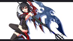 Weapons wings dress trident red eyes gloves long hair anime 
