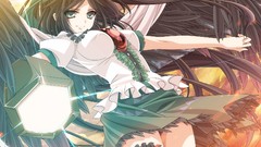 Weapons wings feathers beams bows skirts green eyes brunettes 