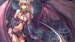 Weapons wings horns anime girls scythe yellow eyes tails 