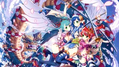 Weapons wings Katana navel blue hair long hair anime girls 