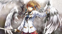 Weapons wings Swords anime girls blue eyes brunettes school 