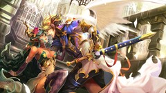 Weapons wings tears horns armor Swords blondes angels cities 