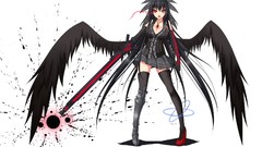 Weapons wings white background red eyes gloves bows skirts long 