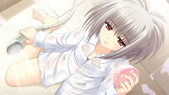 Wet anime girls shower seifuku gray hair game cg orange eyes