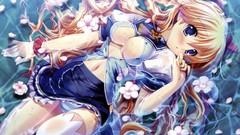 Wet blondes blush anime girls blue eyes flower petals cleavage 