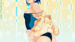 Wet blue hair anime girls swimsuits