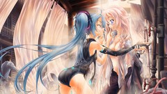 Wet blush anime girls hatsune miku vocaloid ia yuri open shirt