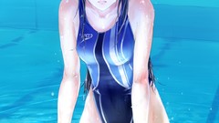Wet blush long hair anime girls blue eyes swimsuits swimming 