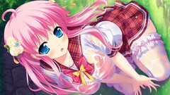 Wet blush pink hair long hair blue eyes see bra seifuku game cg 