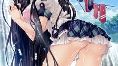 Wet skirts long hair anime girls school uniforms black hair 