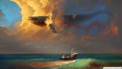 whale boat clouds fantasy art surreal Sea sky seagulls flying