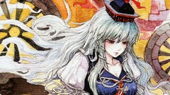 Wheels hats white hair red eyes faces long hair touhou cleavage 